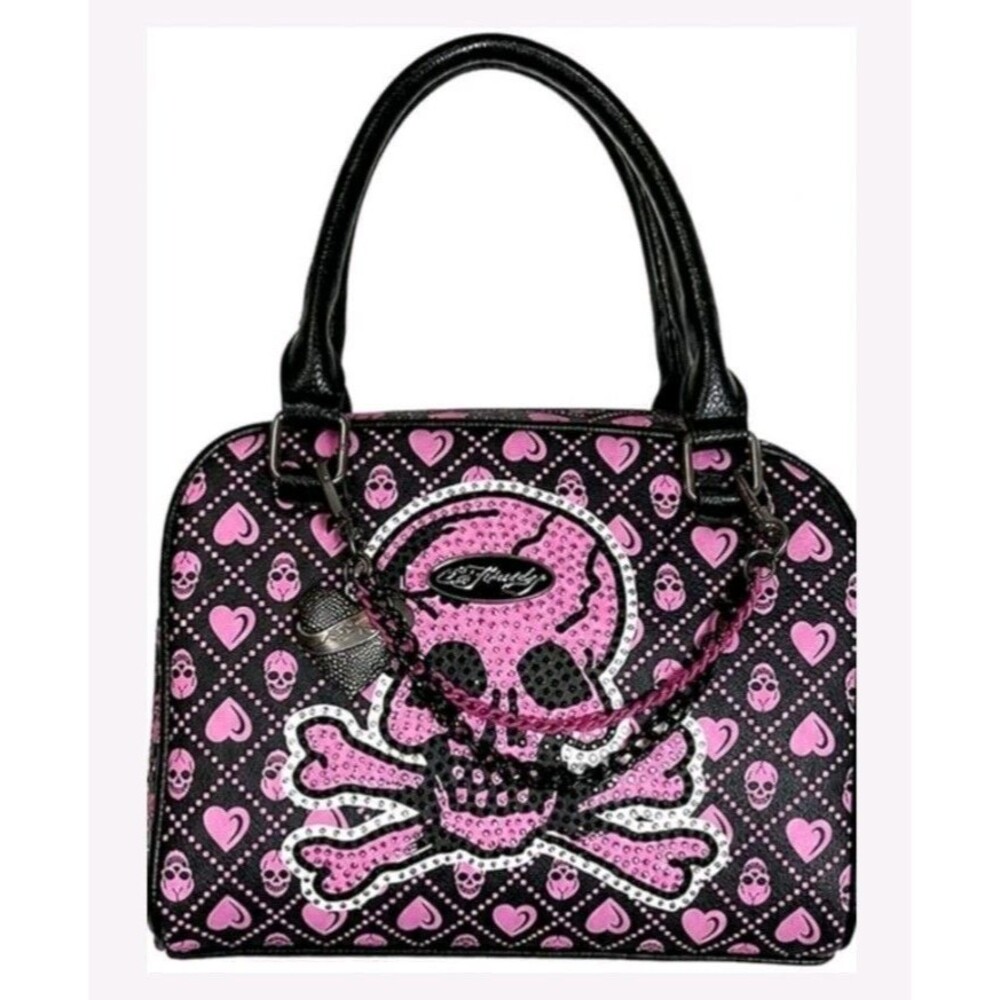 Ed Hardy Pink Rhinestone Skull Satchel Crossbody Bag Heart Purse Charm